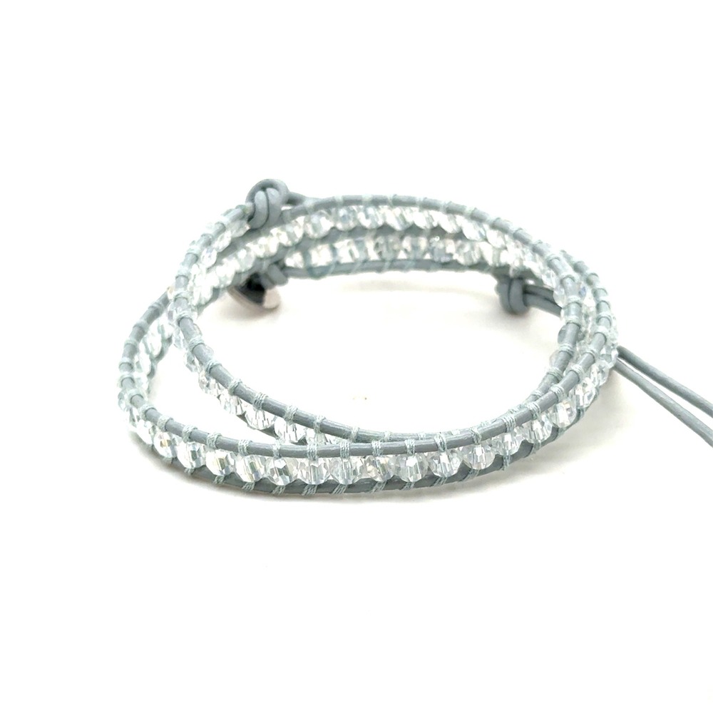 Victoria Emerson Grey Leather Crystal Double Wrap Bracelet Adjustable